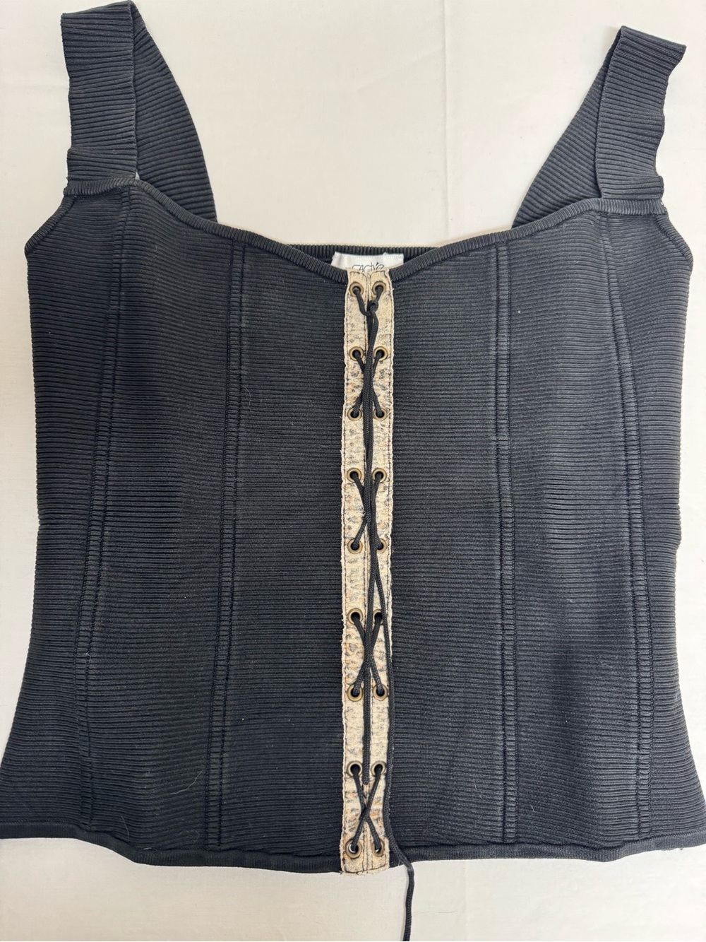Cache Black Ribbed Tank Top with Contrast Lace-Up Trim